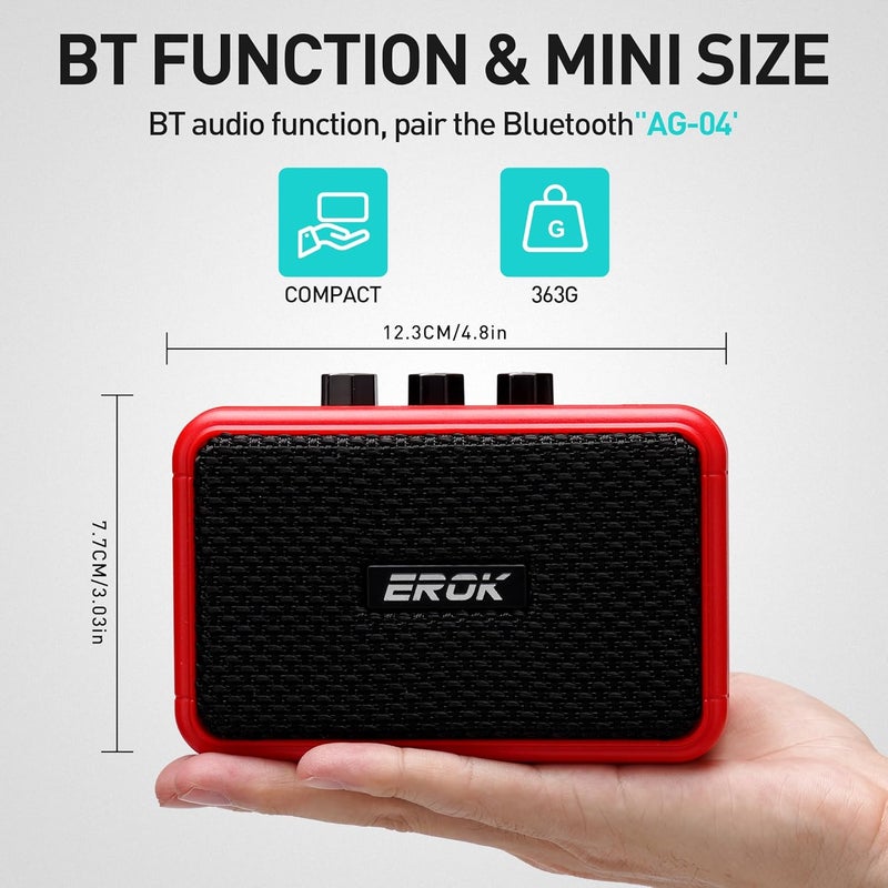 EROK Mini Electric Guitar Amplifier, with Clean Overdrive Effects,Support BT/Headphone Connection,5W Indoor Music Pratice Speaker (Red) - Image 5